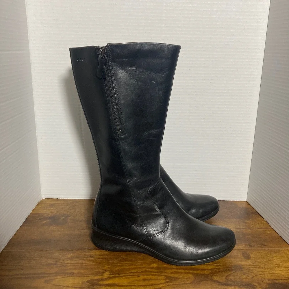ECCO Gore-Tex Black‎ Leather Tall Boots Women EU 38 Side Zip Waterproof Comfort